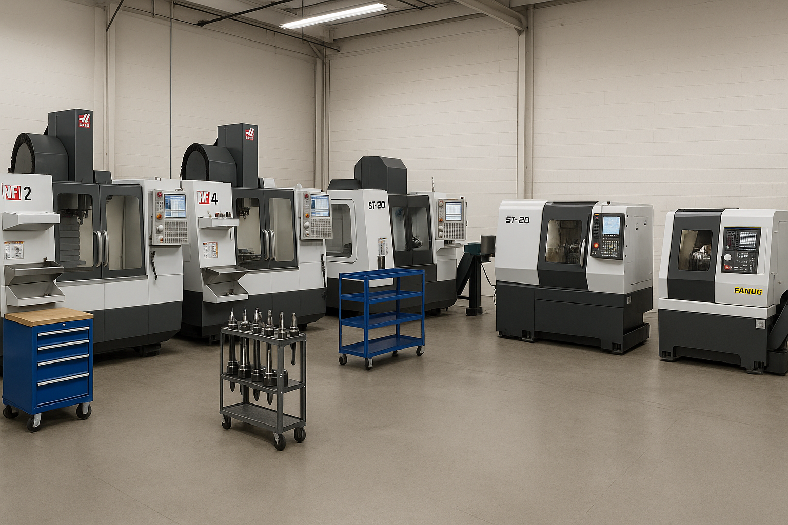 CNC machining workshop with vertical mills and CNC lathe in clean layout